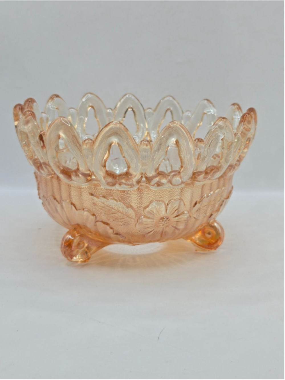 Northwood Marigold Carnival Glass Wild Rose & Shell Nut Bowl Open Lace 3 Footed
